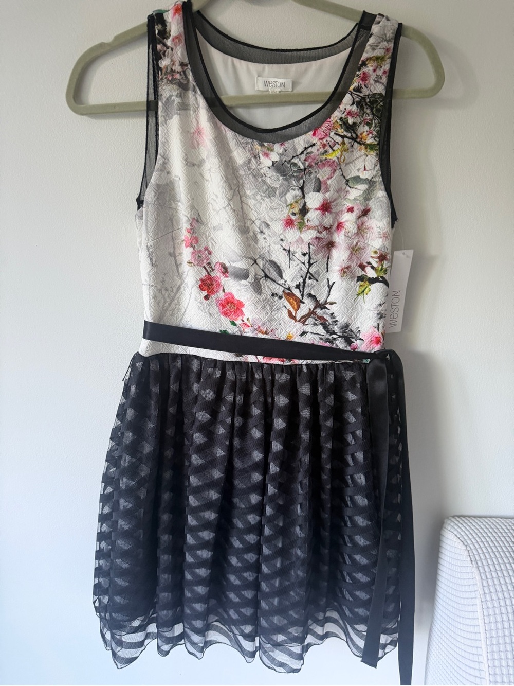 Floral White & Black Mesh Midi Dress